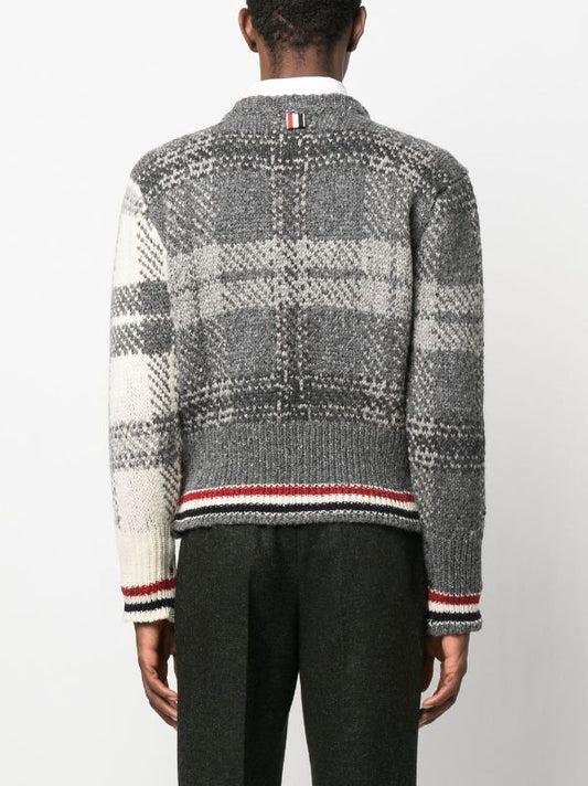 THOM BROWNE Men TB Tartan Jacquard Classic Crew Neck Pullover in Donegal w/ RWB Stripe