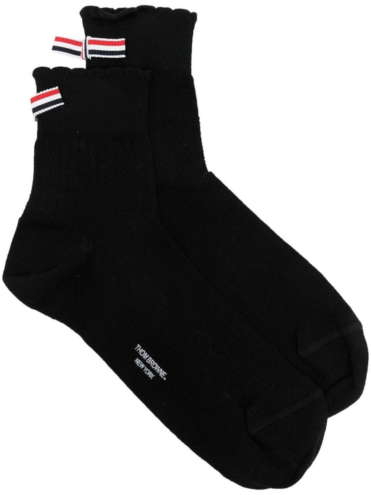 THOM BROWNE Women Crew Length Pointelle Socks In Cotton W/ Scalloped Rib And RWB Bow