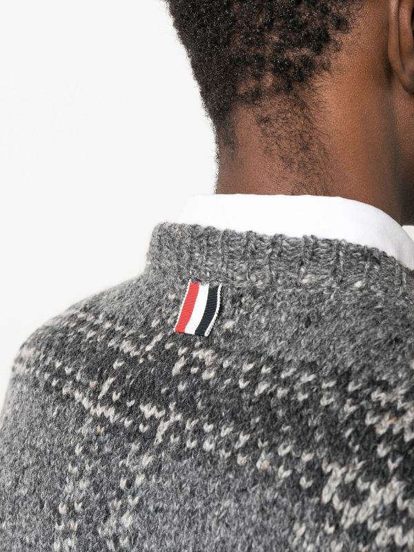 THOM BROWNE Men TB Tartan Jacquard Classic Crew Neck Pullover in Donegal w/ RWB Stripe