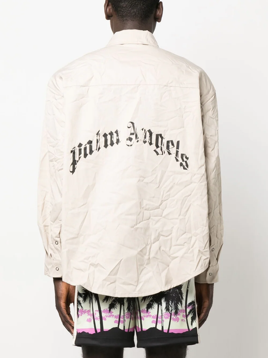 PALM ANGELS Men Crinkled Cotton Logo Overshirt