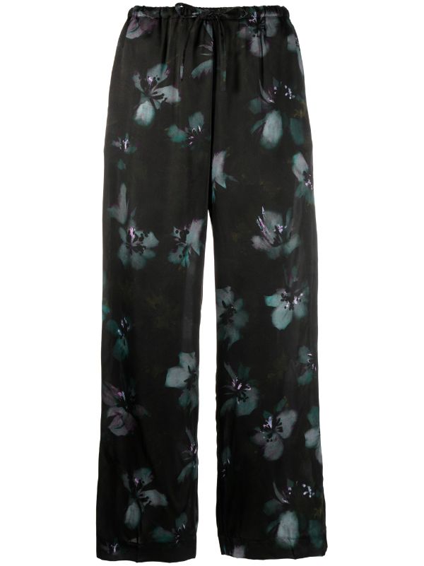 DRIES VAN NOTEN Women Fluid Silk Satin Printed With Painted Lilies Pants