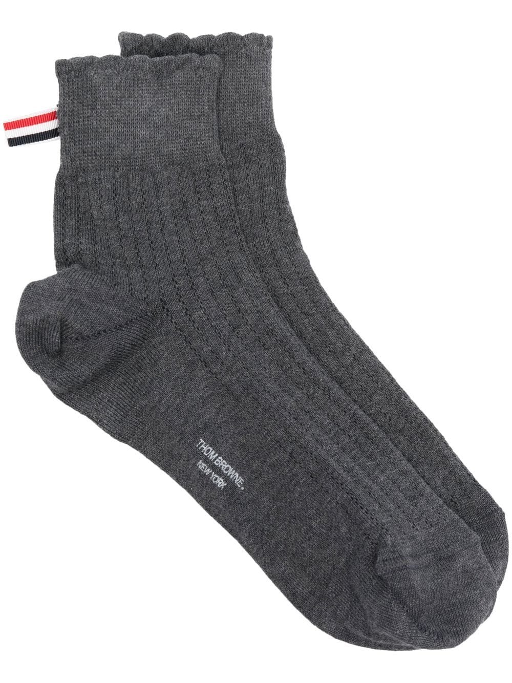 THOM BROWNE WOMEN CREW LENGTH POINTELLE SOCKS IN COTTON W/ SCALLOPED RIB AND RWB BOW