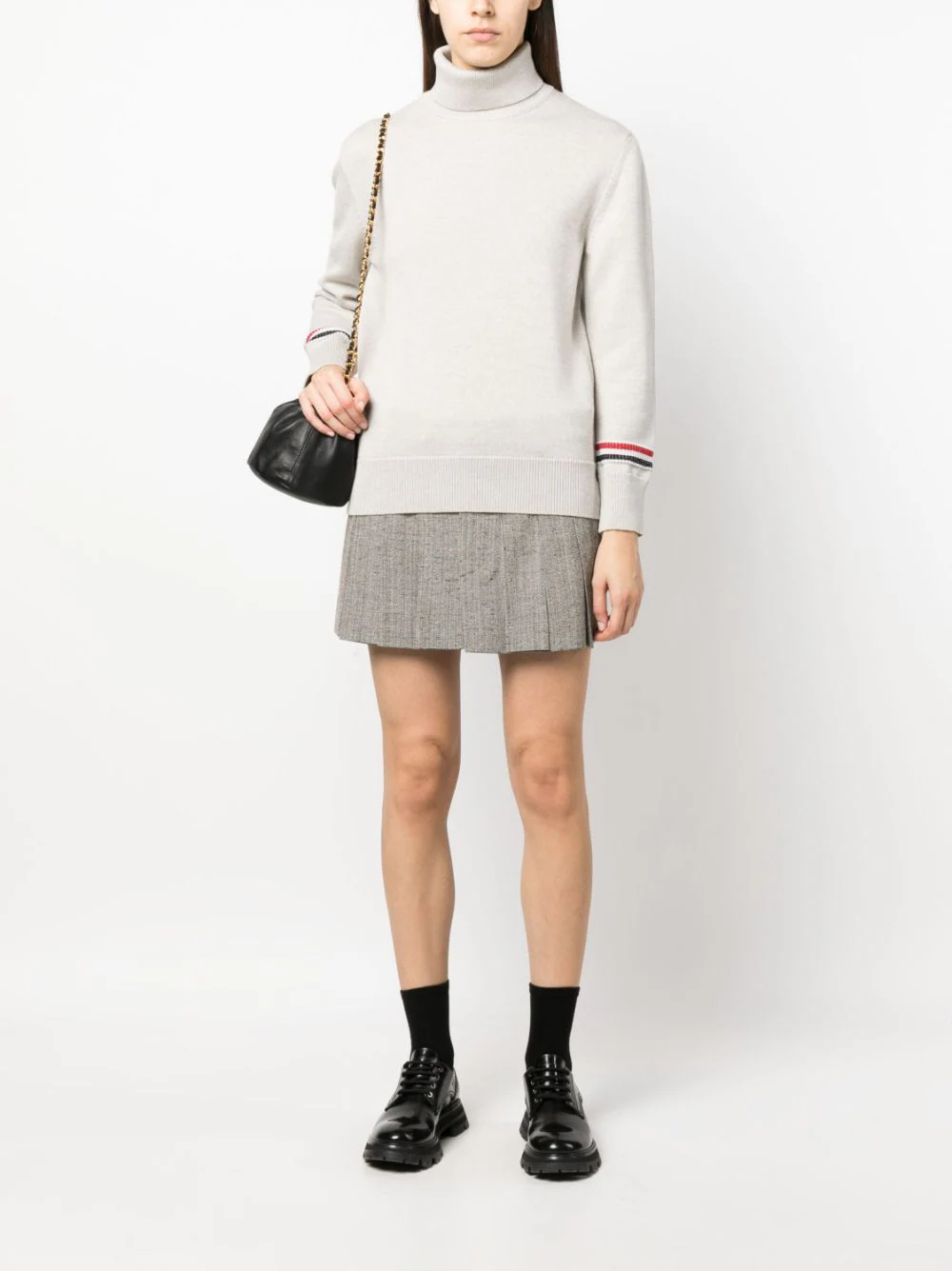 THOM BROWNE Women Jersey Stitch Turtleneck in Merino Wool W/ Stripe Detail