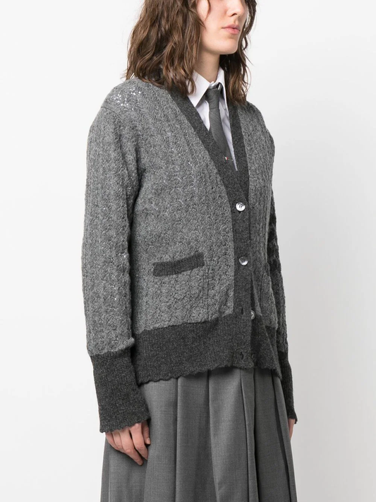 THOM BROWNE Women Cable Pointelle Stitch Cardigan In Shetland Wool W/ 4 Bar Stripe