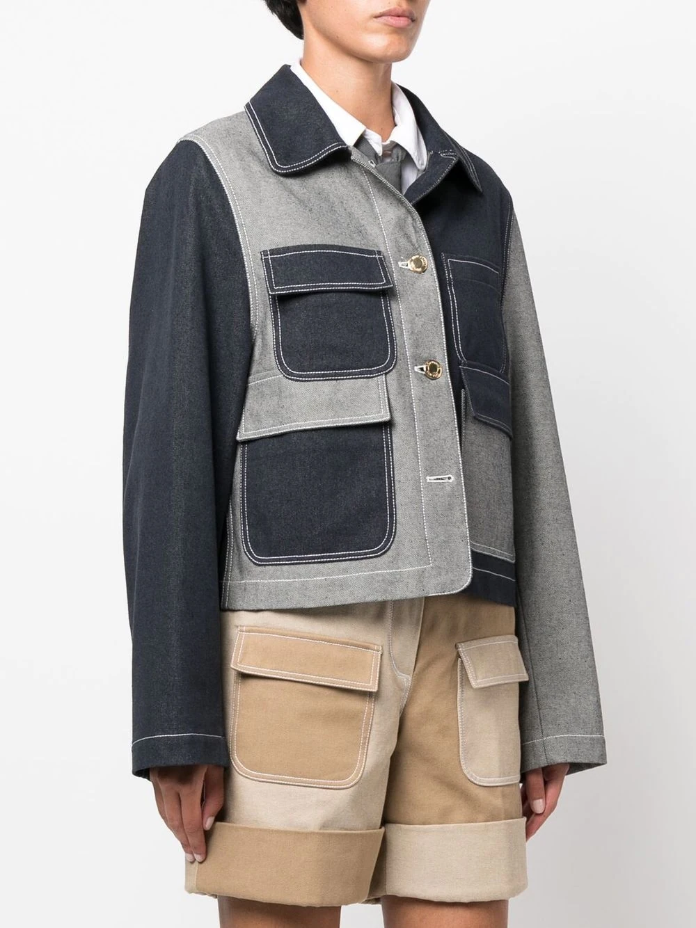 THOM BROWNE WOMEN FUNMIX ROUND COLLAR UTILITY JACKET IN DENIM