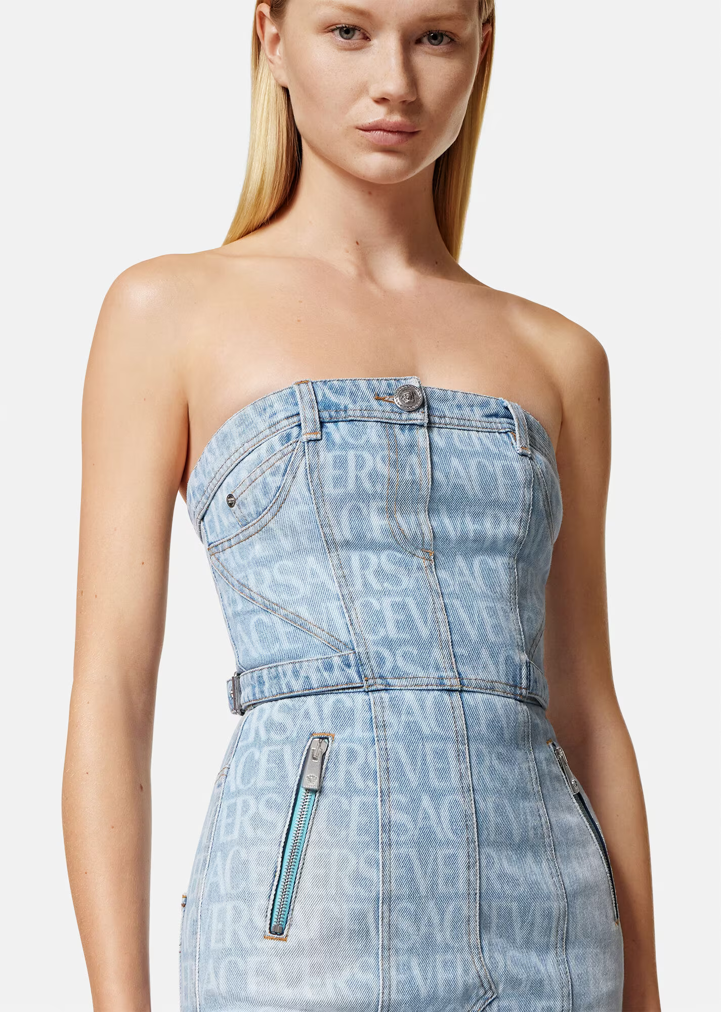 VERSACE Women All Over Laser Logo Denim Dress