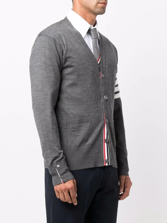 THOM BROWNE Men Classic V-Neck Sustainable Merino Wool Cardigan