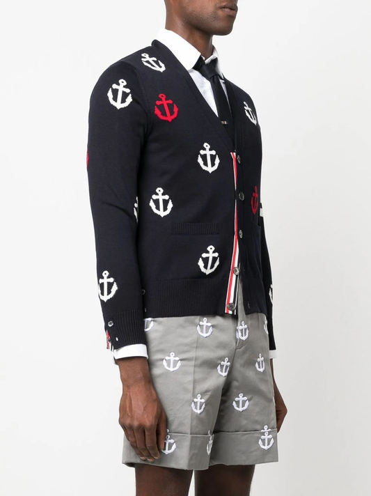 THOM BROWNE Men 4 Bar Anchor Intarsia V-Neck Cardigan