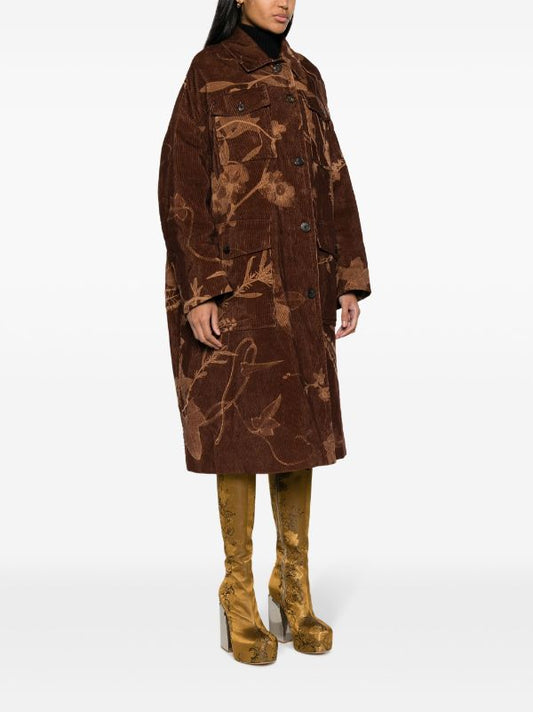 DRIES VAN NOTEN Women Thin Ribbed Cotton Corduroy Printed With Real Flowers Imprints Coat