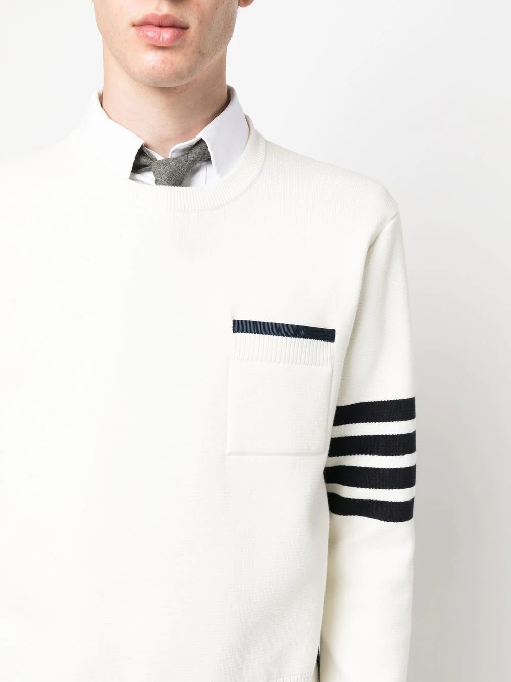 THOM BROWNE Men 4 Bar Stripe Front Pocket Crewneck Pullover