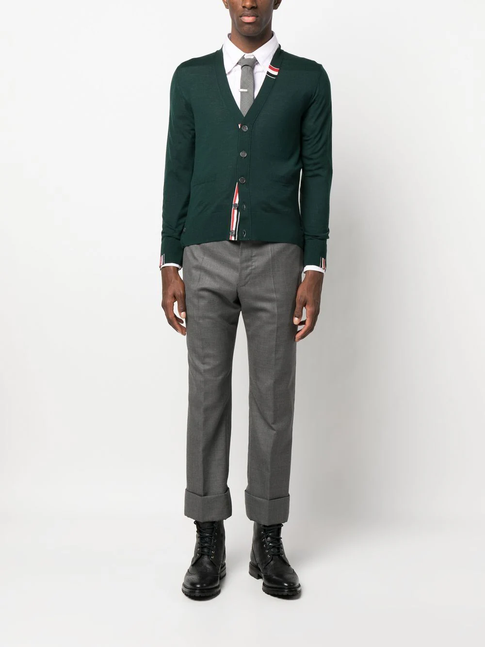 THOM BROWNE Men Jersey Stitch Relaxed Fit V Neck Cardigan in Fine Merino Wool w/ RWB Stripe