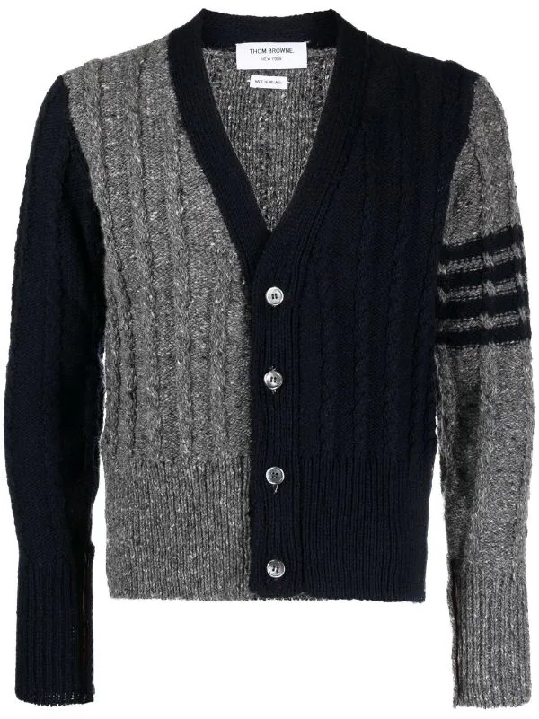 THOM BROWNE Men Fun Mix Bicolor Twist Cable Classic V Neck Cardigan in Donegal w/ 4 Bar Stripe