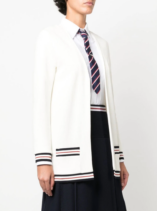 THOM BROWNE WOMEN Hip Length V Neck Cardigan W/ RWB Cricket Stripe In Light Weight Textured Cotton