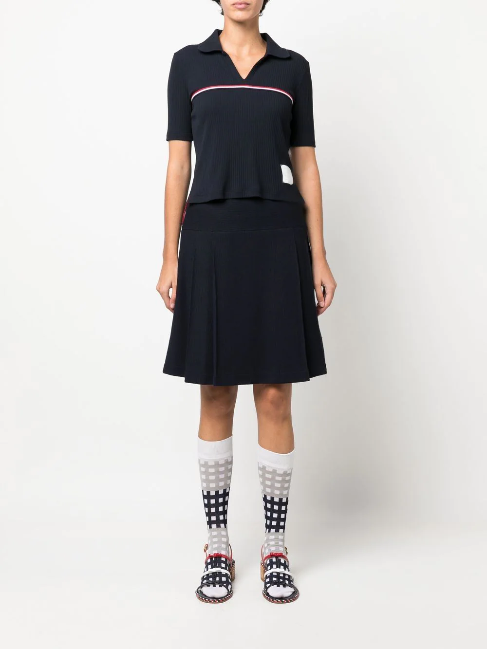 THOM BROWNE Women Ribbed Strip Front Polo SS Shirt