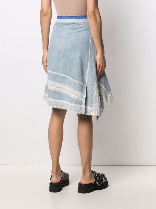 KOCHE WOMEN ASYMMETRICAL LACE TRIM DENIM SKIRT