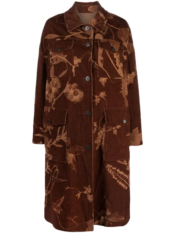 DRIES VAN NOTEN Women Thin Ribbed Cotton Corduroy Printed With Real Flowers Imprints Coat