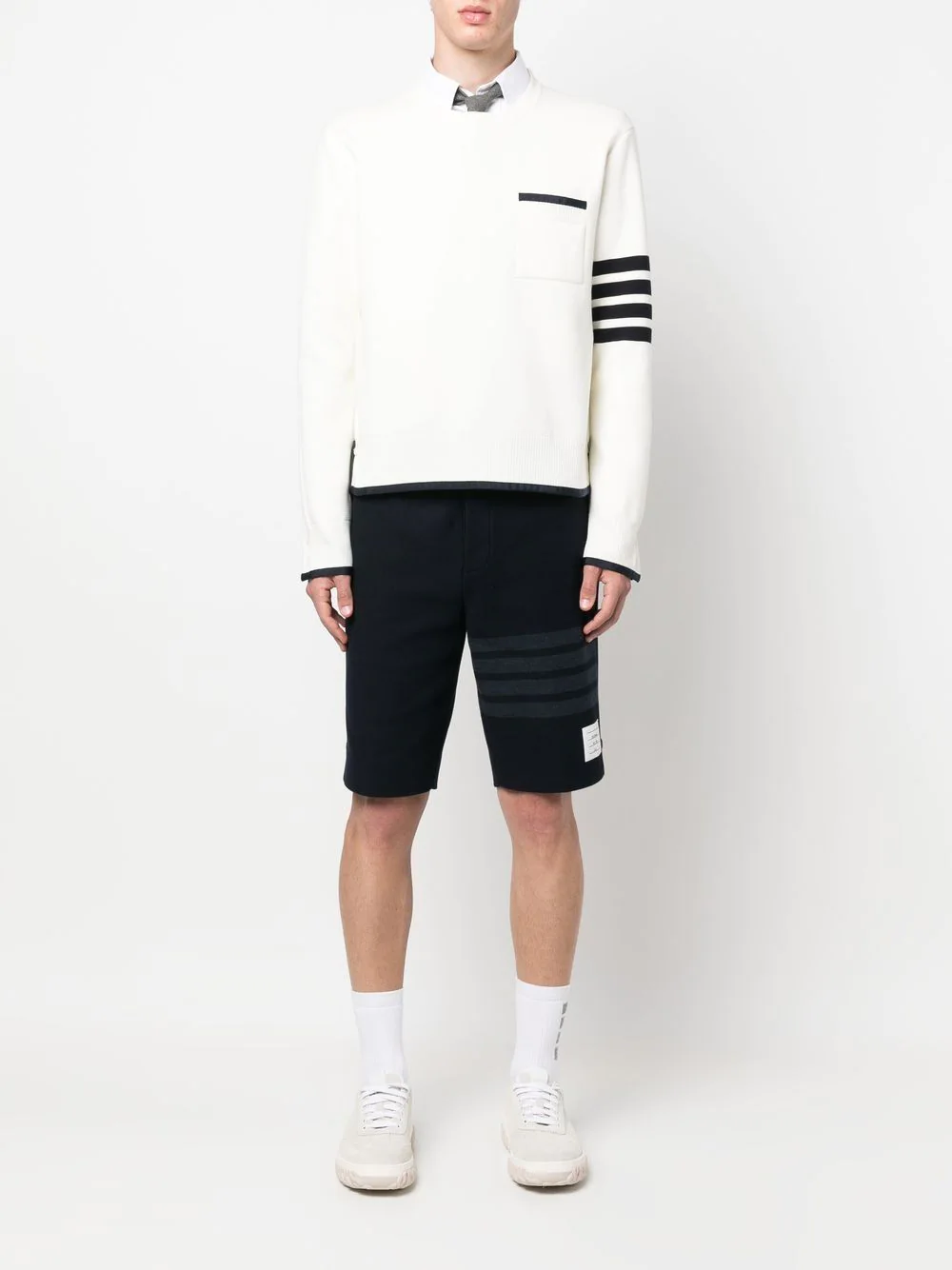 THOM BROWNE Men 4 Bar Stripe Front Pocket Crewneck Pullover