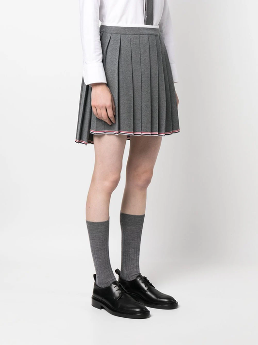 THOM BROWNE Women Full Needle Pleated Mini Skirt In Merino Wool W/ Tipping