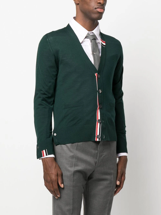 THOM BROWNE Men Jersey Stitch Relaxed Fit V Neck Cardigan in Fine Merino Wool w/ RWB Stripe