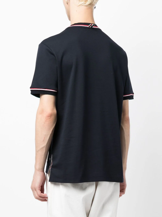 THOM BROWNE Men Short Sleeve Tee w/ RWB Stripe Trim in Cotton Milano