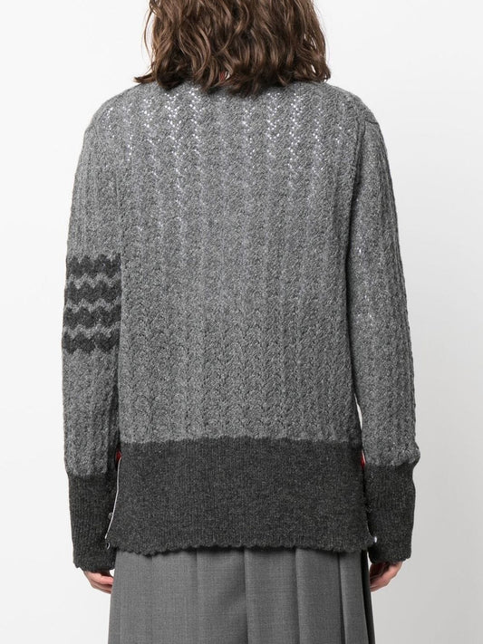 THOM BROWNE Women Cable Pointelle Stitch Cardigan In Shetland Wool W/ 4 Bar Stripe