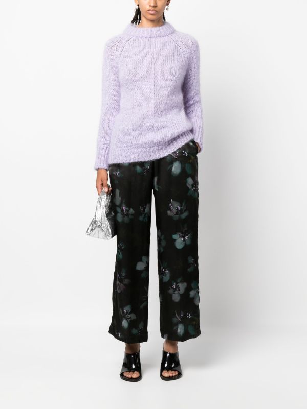 DRIES VAN NOTEN Women Fluid Silk Satin Printed With Painted Lilies Pants