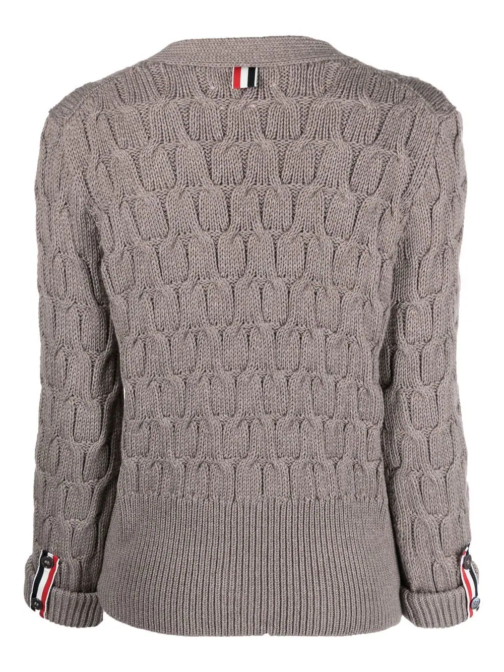 THOM BROWNE Women Crisscross Cable Stitch 3/4 Sleeve Neck Cardigan In Merino Wool W/ Rolled Cuffs And Rwb Tabs