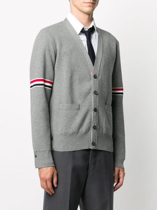 THOM BROWNE Men Milano Stitch RWB Stripes Cotton V-Neck Cardigan