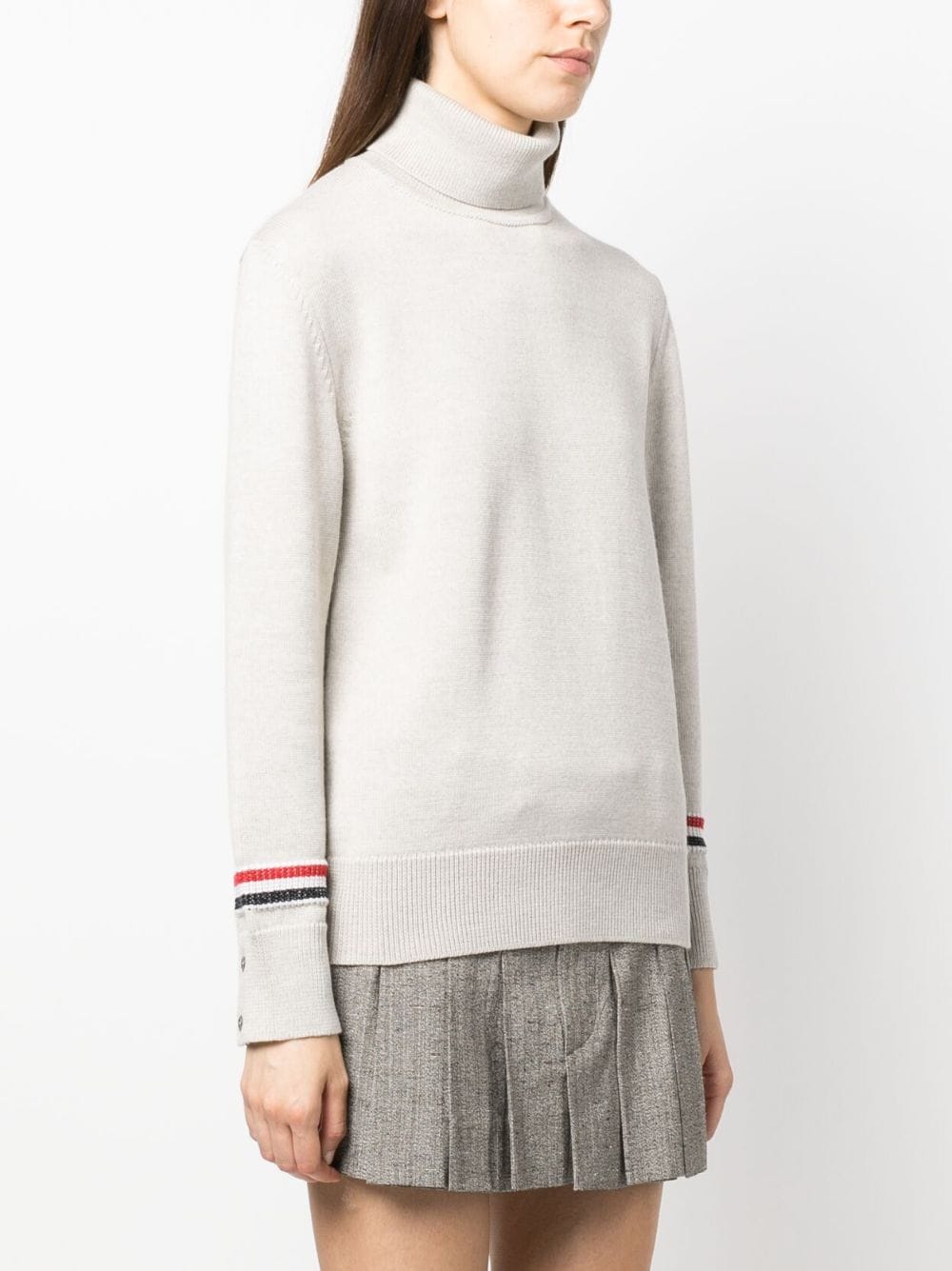 THOM BROWNE Women Jersey Stitch Turtleneck in Merino Wool W/ Stripe Detail