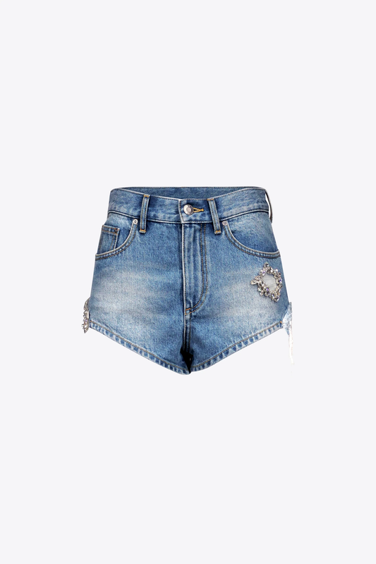 AREA Women Distressed Crystal Denim Hot Shorts