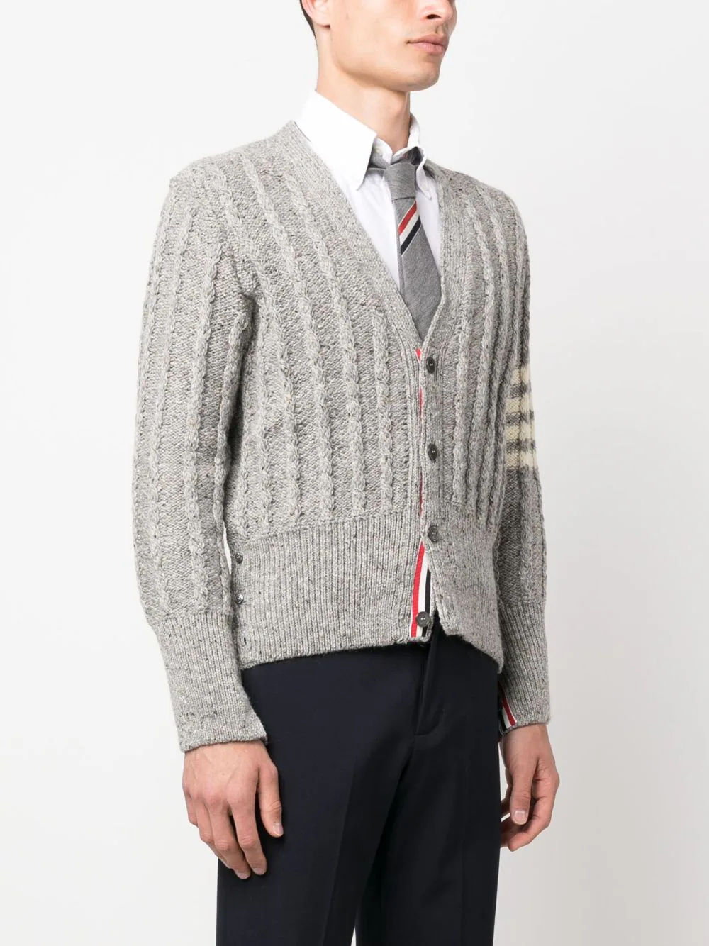 THOM BROWNE Men Twist Cable Classic Crew V Neck Cardigan