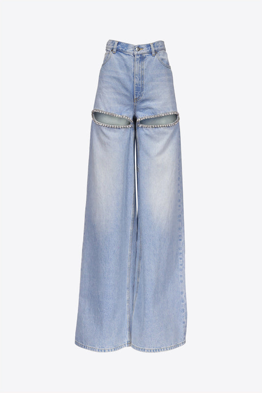 AREA Women Wide Leg Crystal Slit Jeans