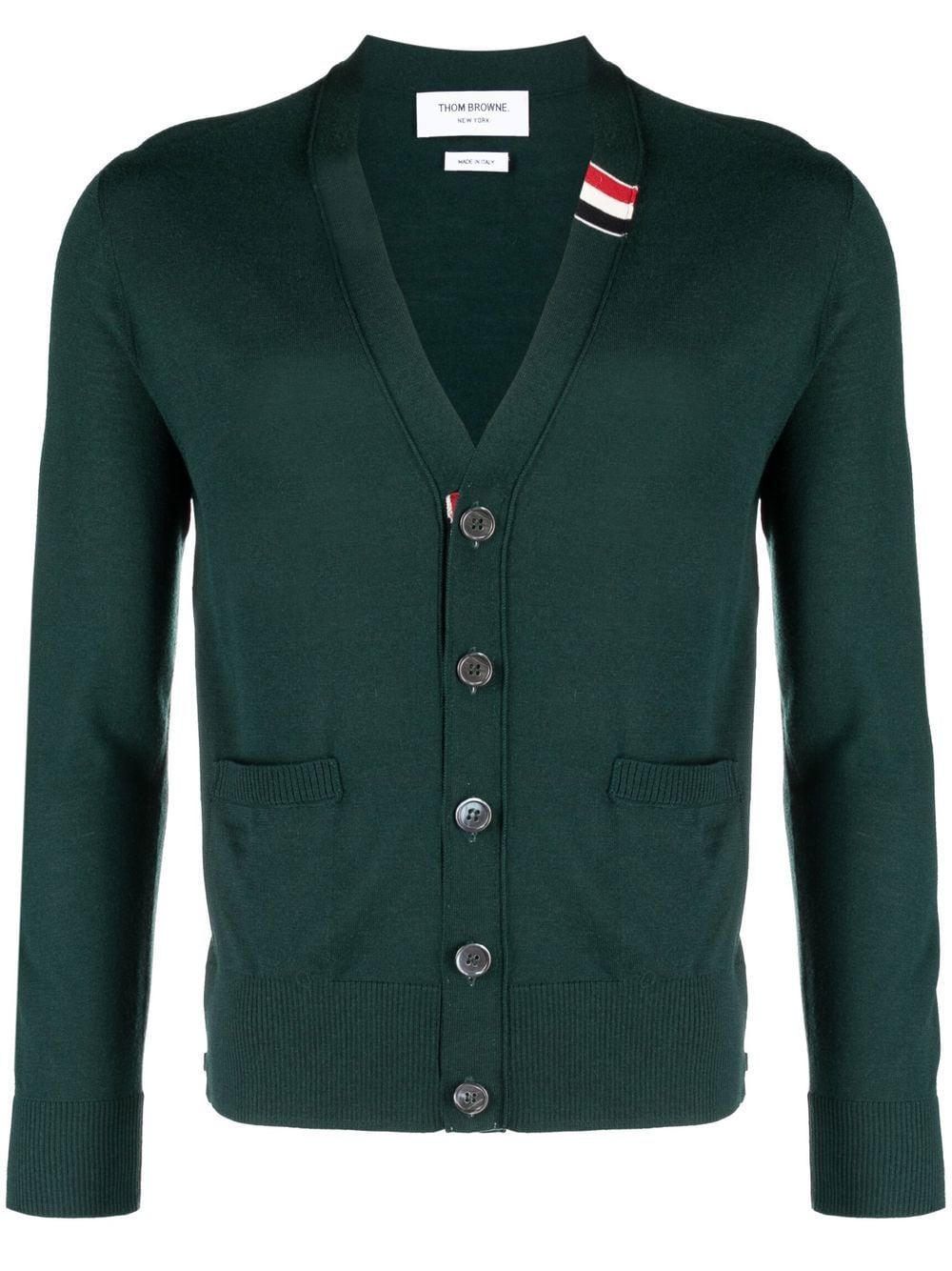 THOM BROWNE Men Jersey Stitch Relaxed Fit V Neck Cardigan in Fine Merino Wool w/ RWB Stripe