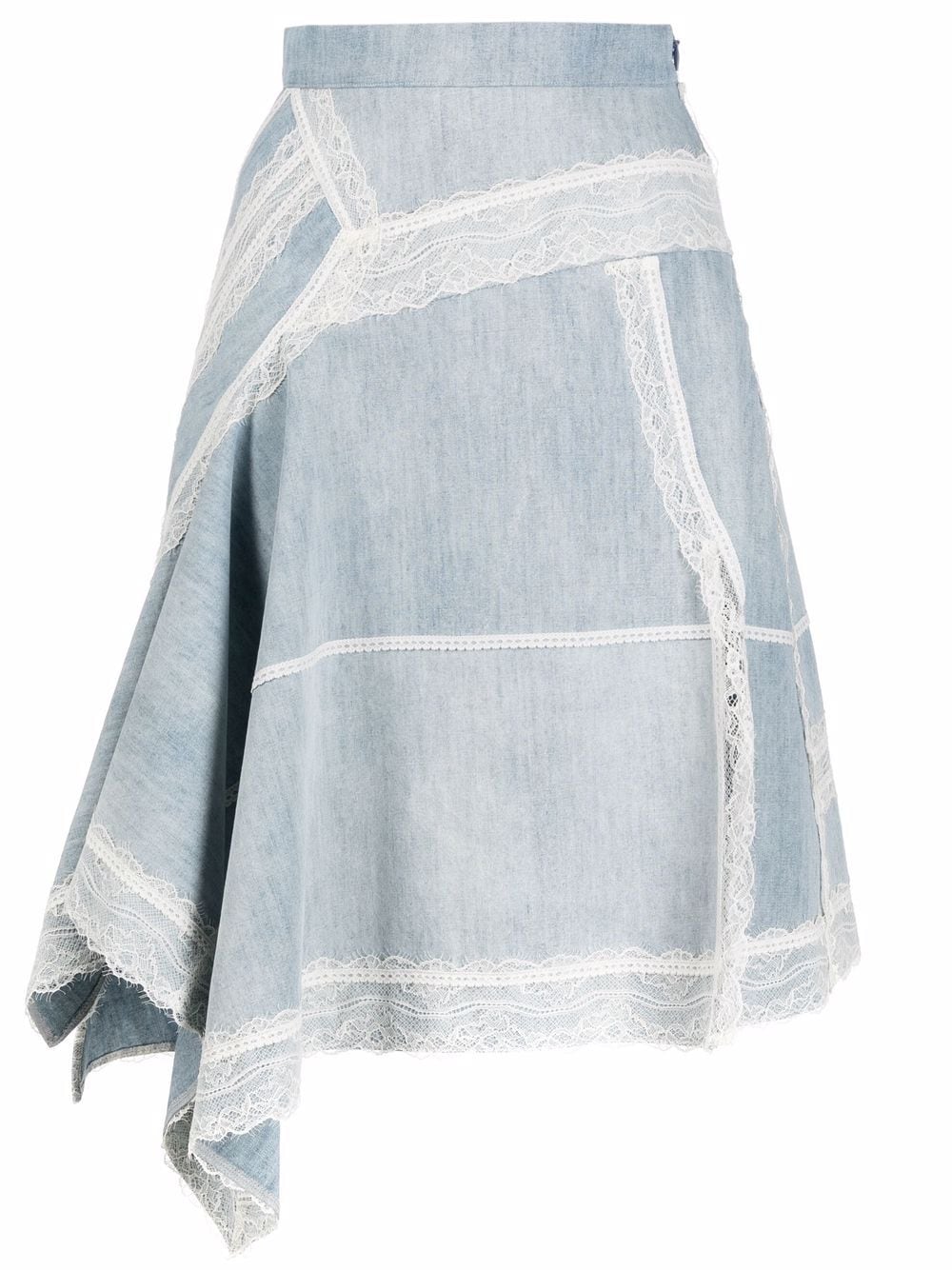 KOCHE WOMEN ASYMMETRICAL LACE TRIM DENIM SKIRT