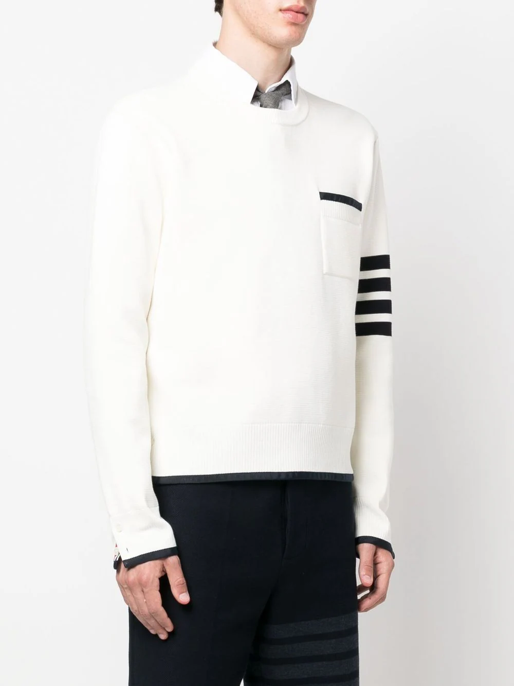 THOM BROWNE Men 4 Bar Stripe Front Pocket Crewneck Pullover