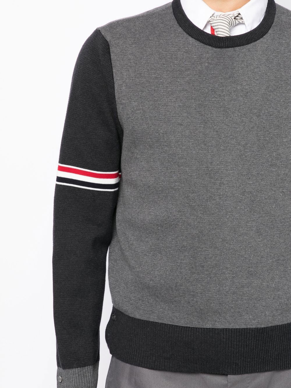 THOM BROWNE Men Fun Mix Striped Arm Crewneck Paneled Sweater