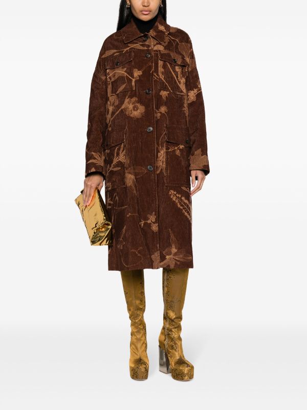 DRIES VAN NOTEN Women Thin Ribbed Cotton Corduroy Printed With Real Flowers Imprints Coat