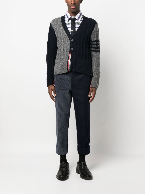 THOM BROWNE Men Fun Mix Bicolor Twist Cable Classic V Neck Cardigan in Donegal w/ 4 Bar Stripe