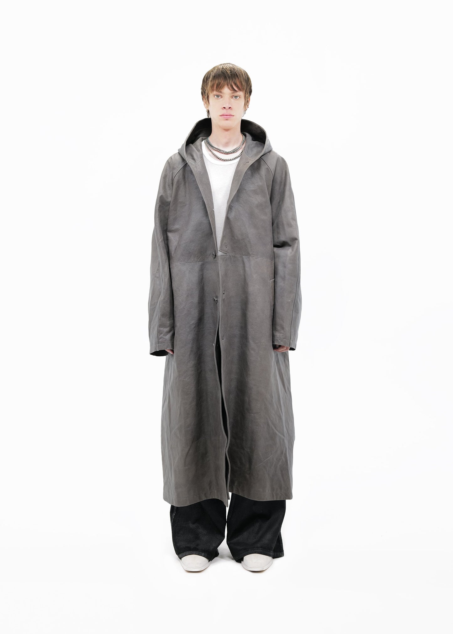 DET BLEV SENT Men Hooded Leather Coat