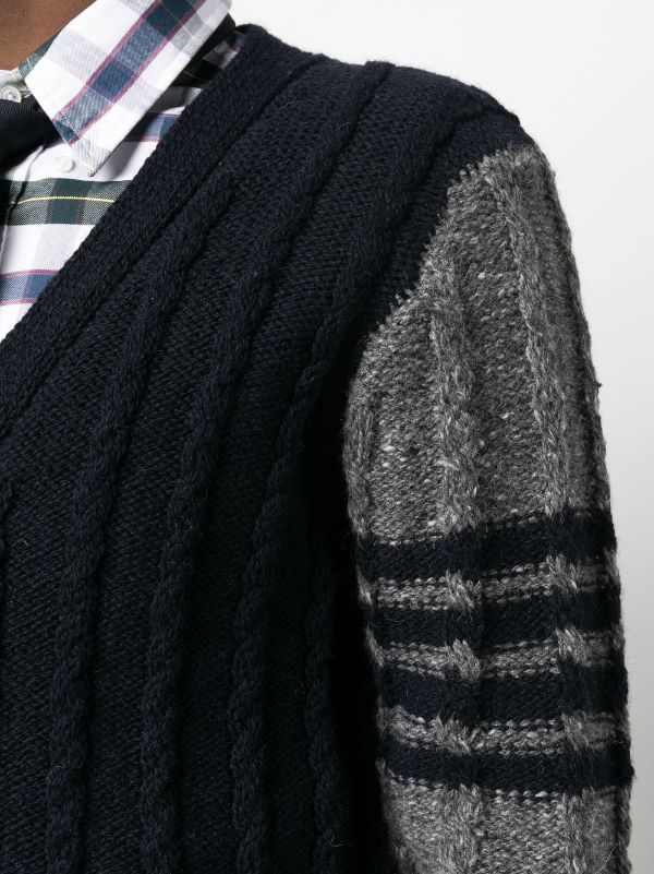 THOM BROWNE Men Fun Mix Bicolor Twist Cable Classic V Neck Cardigan in Donegal w/ 4 Bar Stripe