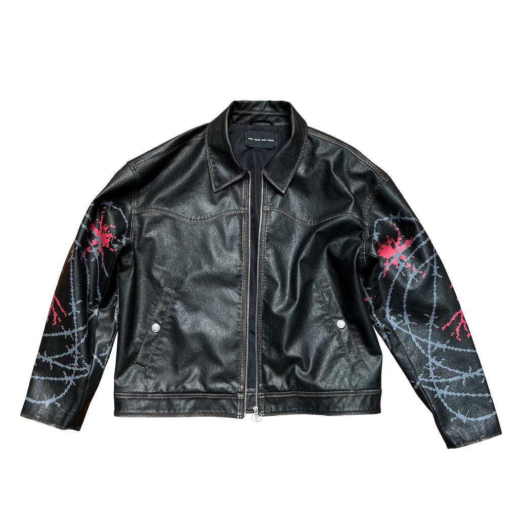 CEEC Men Ink Printed Vintage Faux Leather Jacket