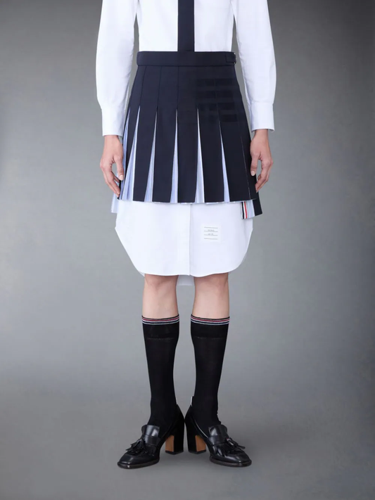 THOM BROWNE Women Pleated Mini Skirt W/ Combo Pleats in Engineered 4 Bar Weave Suiting