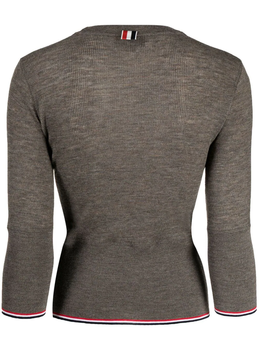 THOM BROWNE Women 3/4 Sleeve Crew Neck Wool Rib Pullover Sweater