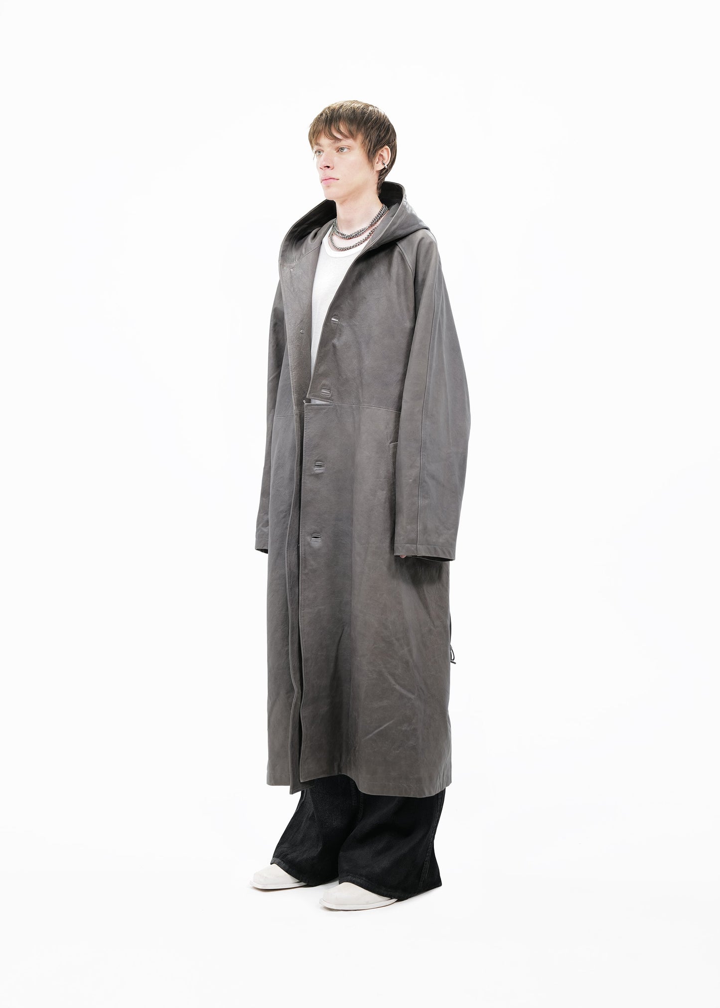 DET BLEV SENT Men Hooded Leather Coat