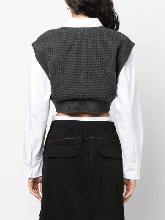 T BY ALEXANDER WANG Women Bilayer V-Neck Waffle Vest W/ Oxford Shirting