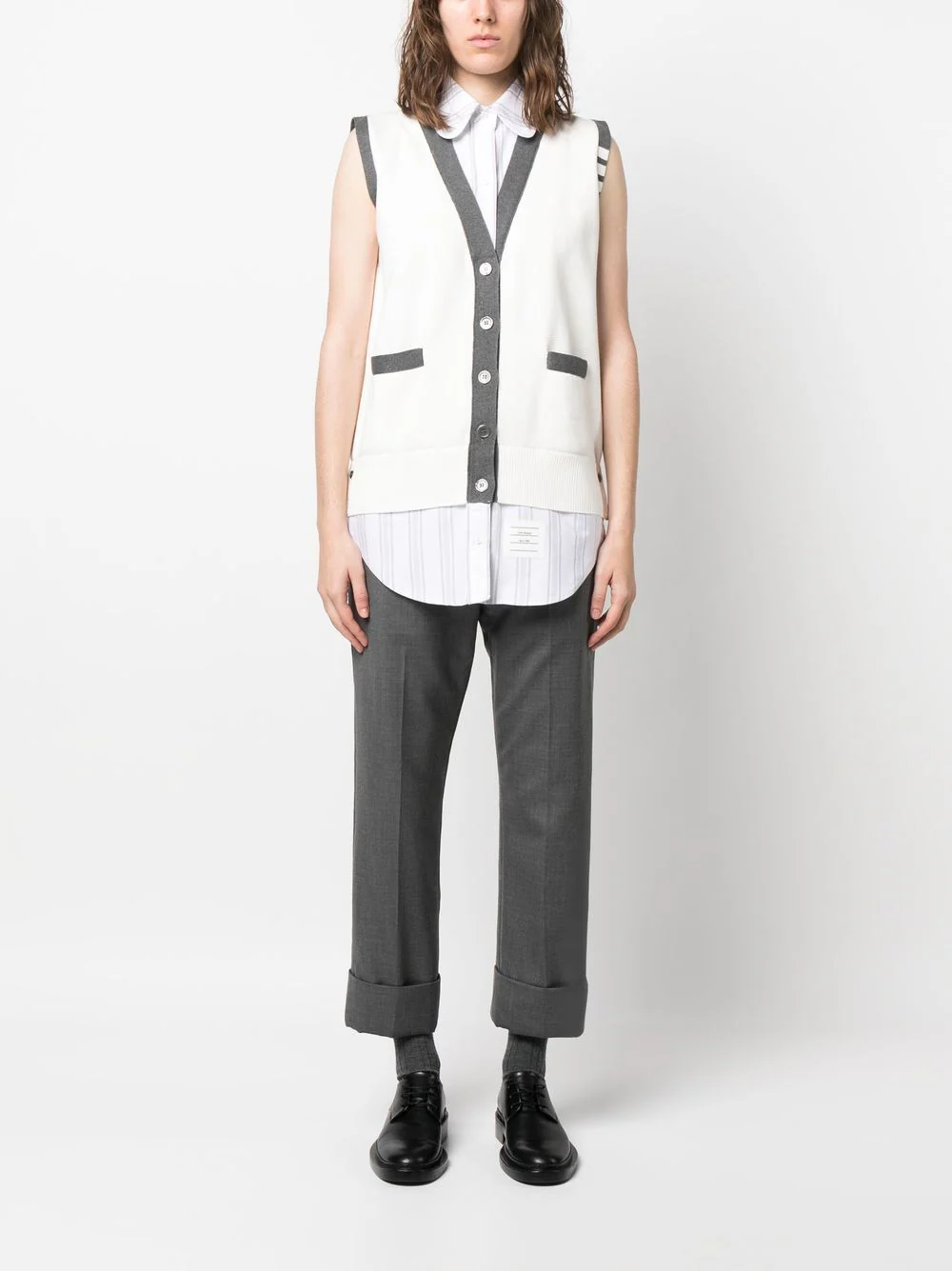 THOM BROWNE Women 4 Bar Round Collar Oxford Shirt V-Neck Cardigan Combo