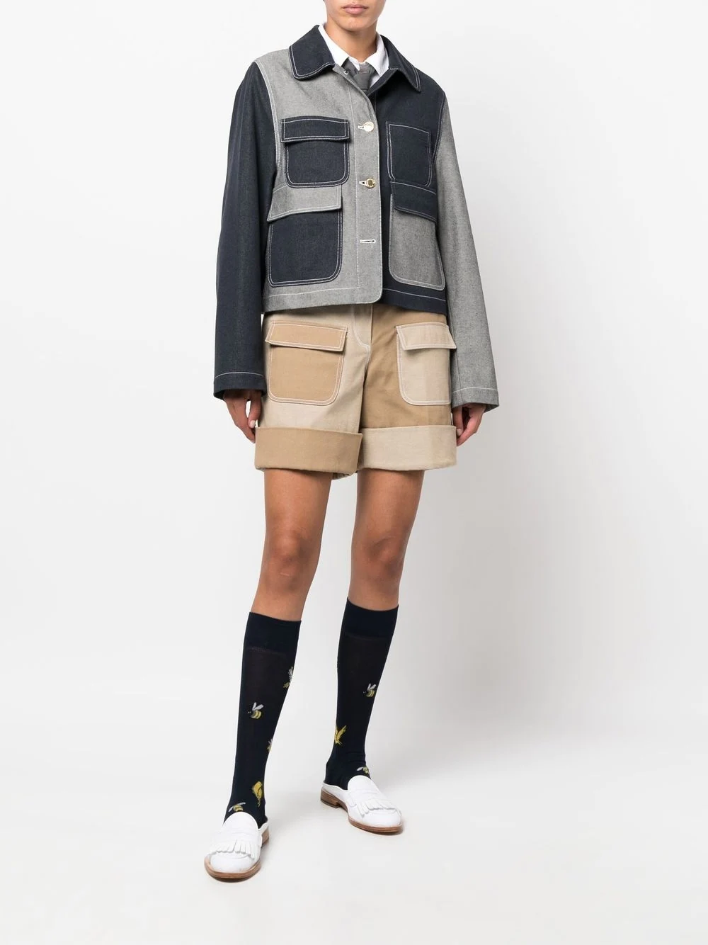 THOM BROWNE WOMEN FUNMIX ROUND COLLAR UTILITY JACKET IN DENIM