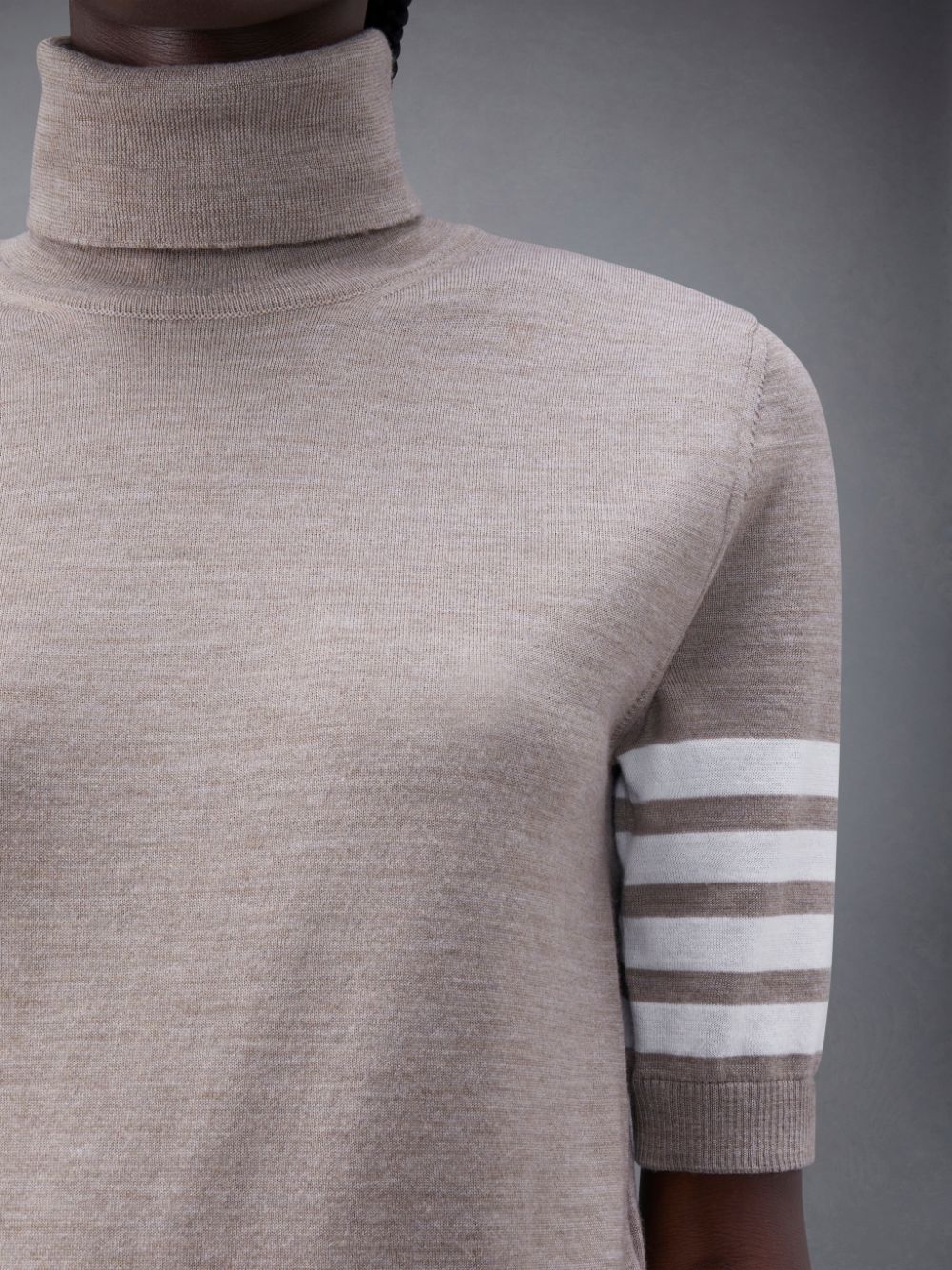 THOM BROWNE Women Relaxed Fit SS Turtleneck In Fine Merino Wool W/4 Bar Stripe