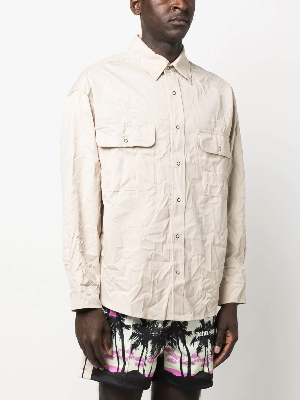 PALM ANGELS Men Crinkled Cotton Logo Overshirt