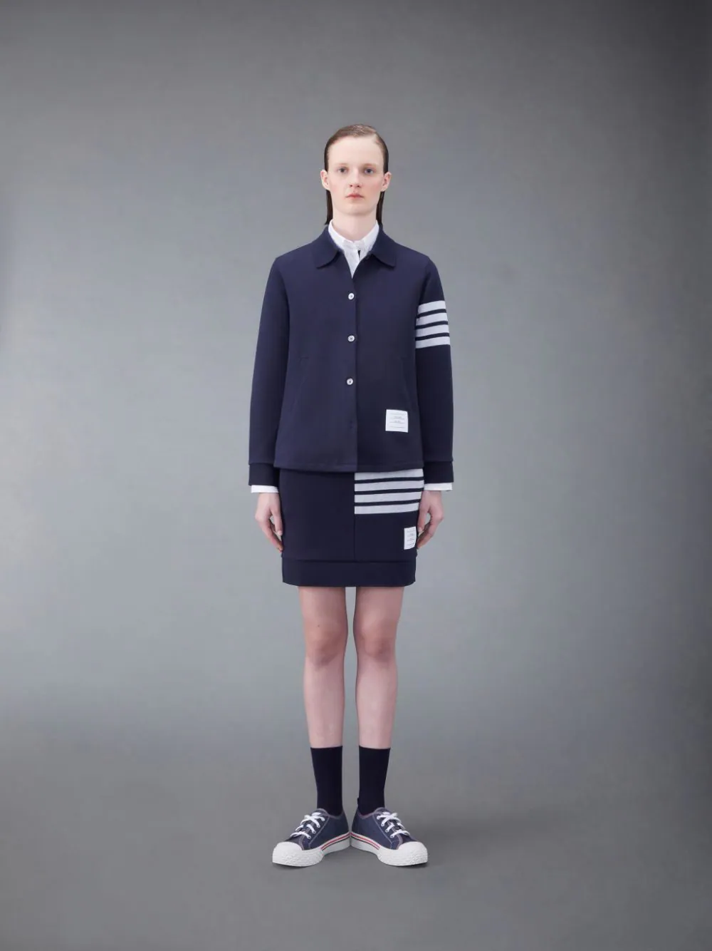 THOM BROWNE Women Long Sleeve Button Down A-Line Shirt In Double Face Knit W/ Eng 4Bar